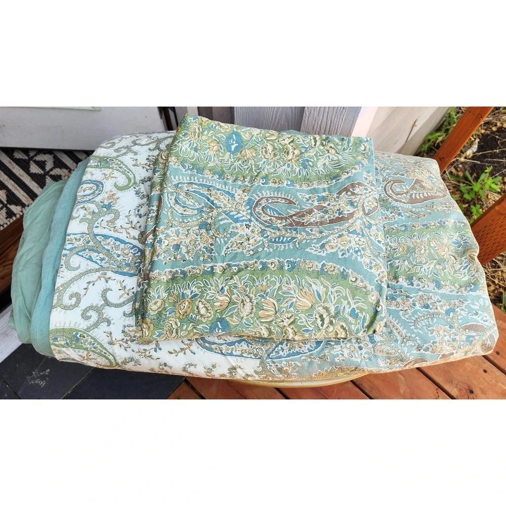 Pottery Barn King Blue Green 100% Cotton Paisley Duvet Cover 2 Shams Set Boho